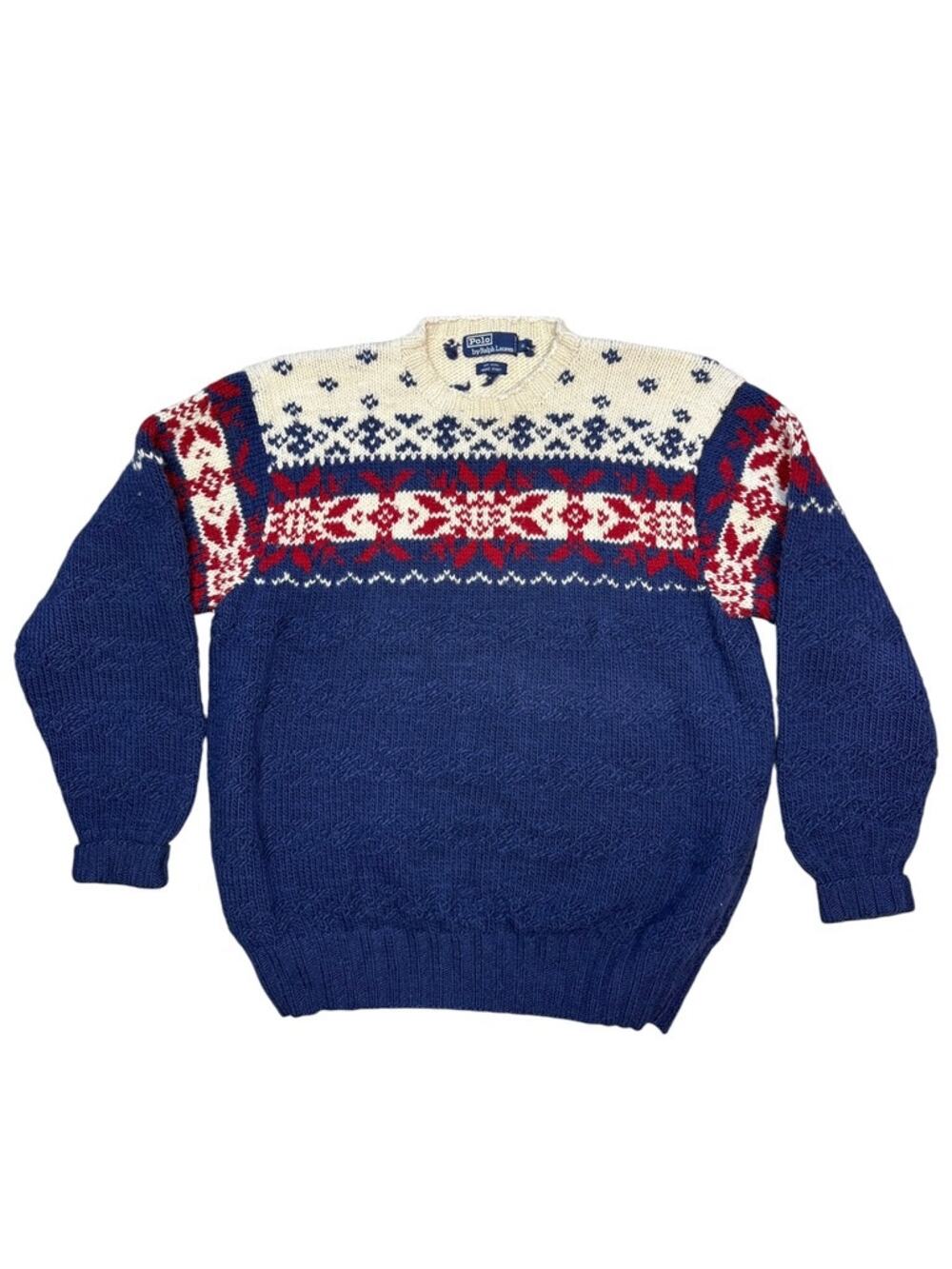 Vintage 90s Polo Ralph Lauren Hand Knit Wool Nordic Snowflake Pattern Sweater XL
